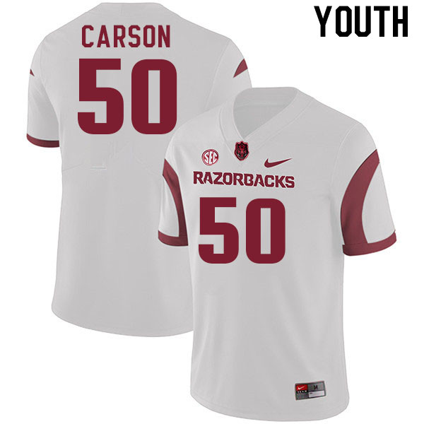 Youth #50 Cole Carson Arkansas Razorback College Football Jerseys Stitched Sale-White - Click Image to Close